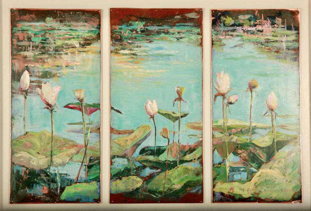 Glenda Brown Life on Canvas or Copper lily pads and flowers