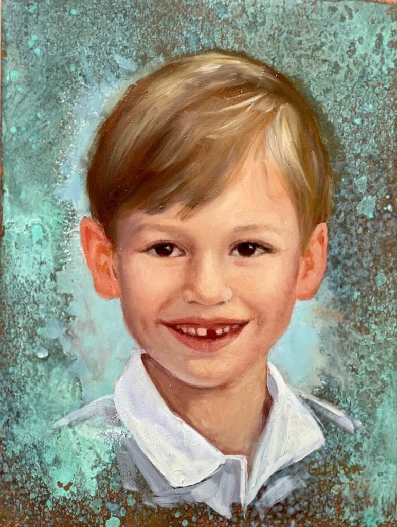Glenda Brown brown eye boy with dishwater blonde and missing front tooth on copper