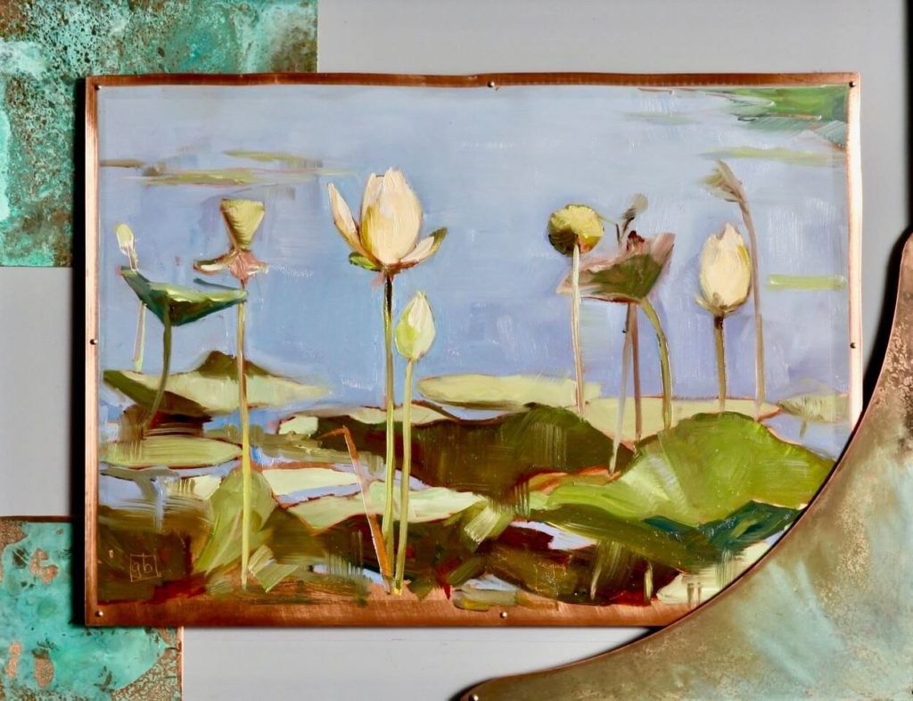 Glenda Brown close up lily pads with flowers on copper