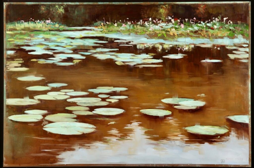 Glenda Brown lily pads with flowers on background on coppe