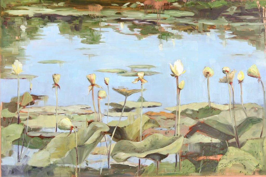 Glenda Brown lily pads with flowers and reflection on other plan life on copper